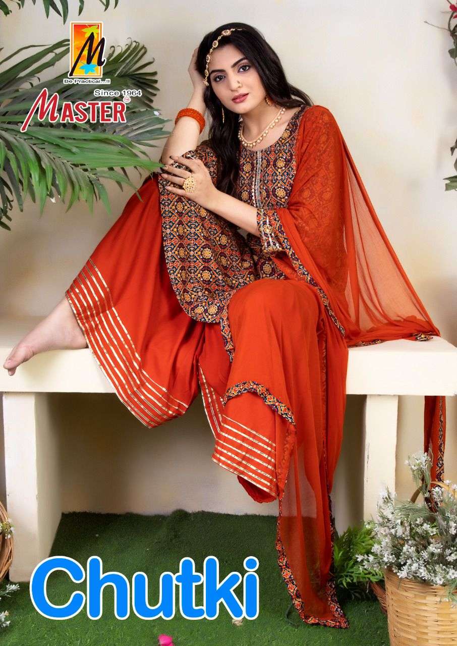 CHUTKI BY MASTER BRAND RAYON WITH CLASSY FOIL PRINT KURTI WITH RAYON SHARARA AND NAZMINE DUPATTA WHO...