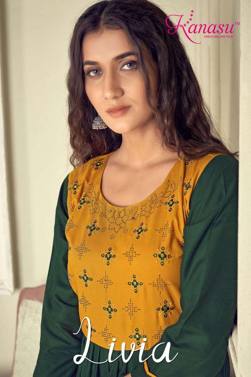 LIVIA BY KANASU BRAND - HEAVY 14KG REYON LONG  FLAIR KURTI WITH EMBROIDERY AND SWAROVSKI WORK -WHOLE...