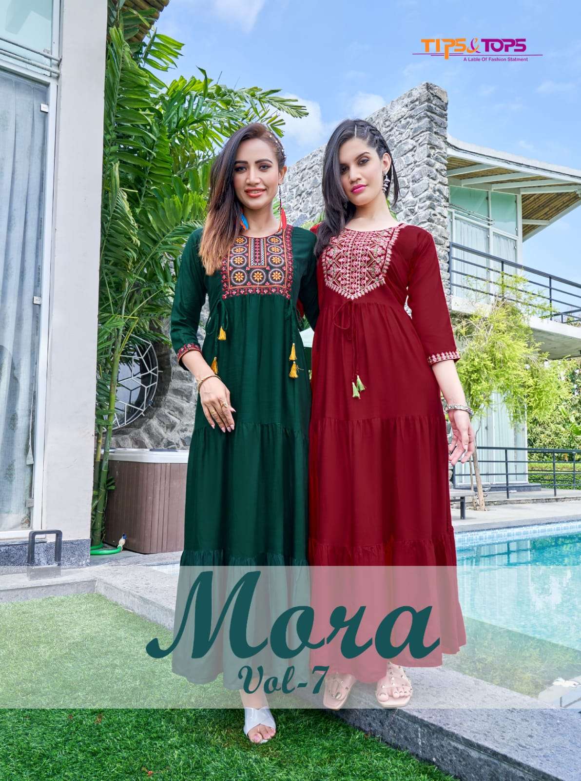 MORA VOL 07 BY TIPS & TOPS BRAND HEAVY RAYON HANDWORK AND GHAGHRI PATTERN FLAIR GOWN KURTI WHOLESALE...