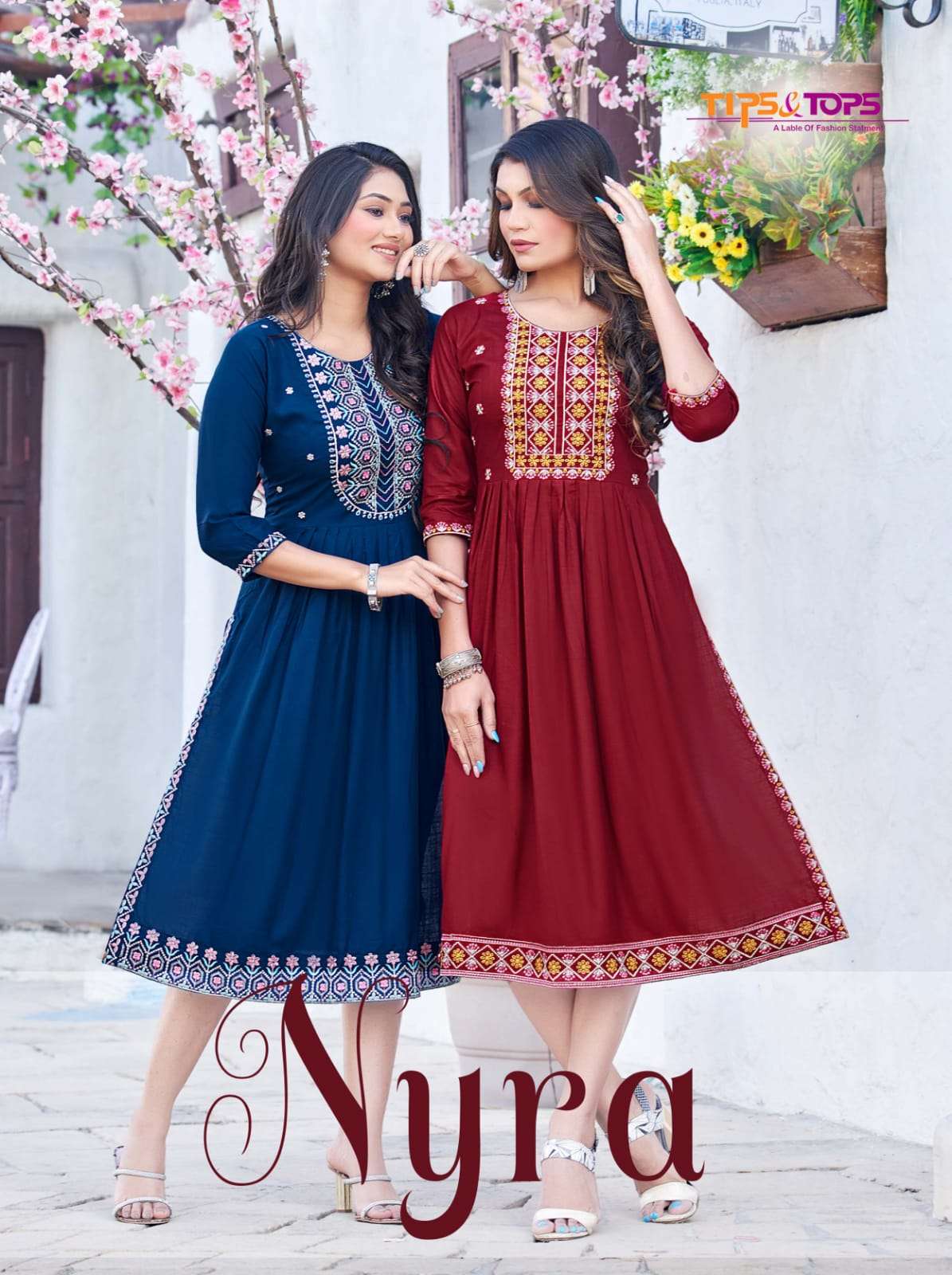 NYRA BY TIPS & TOPS BRAND - HEAVY REYON SLUB NYRA CUT EMBROIDERY WORK KURTI WHOLESALER AND DEALER