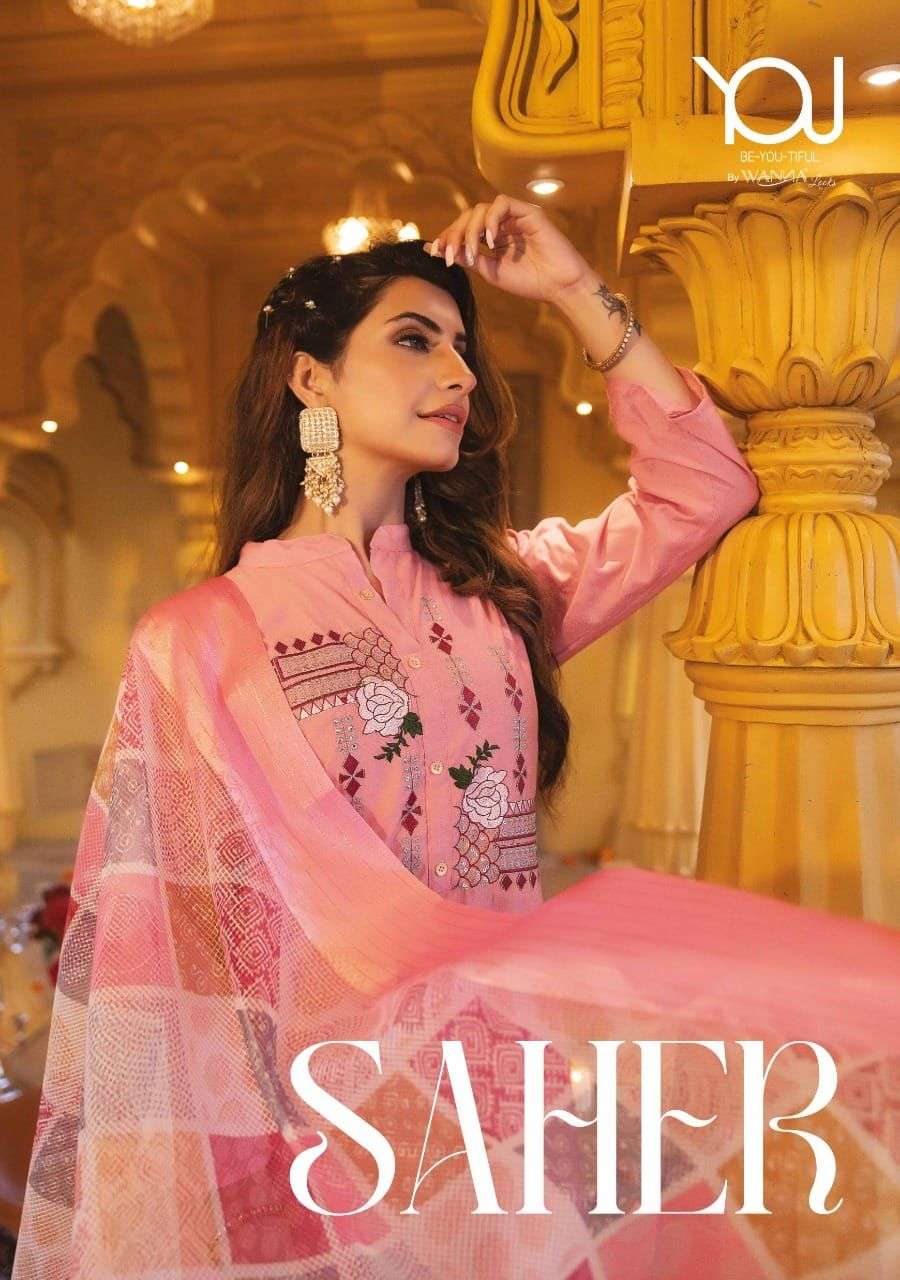 SAHER BY WANNA BRAND HEAVY NYLON VISCOSE WITH FANCY EMBROIDERY WORK KURTI WITH SILK PANT AND GEORGET...