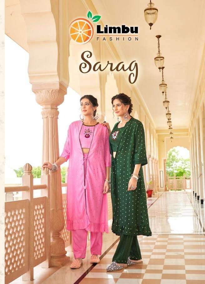 SARAG BY LIMBU FASHION BRAND FABRICS RAYON CROP TOP KURTI WITH STYLESH JACKET AND FANCY PANT WHOLESA...