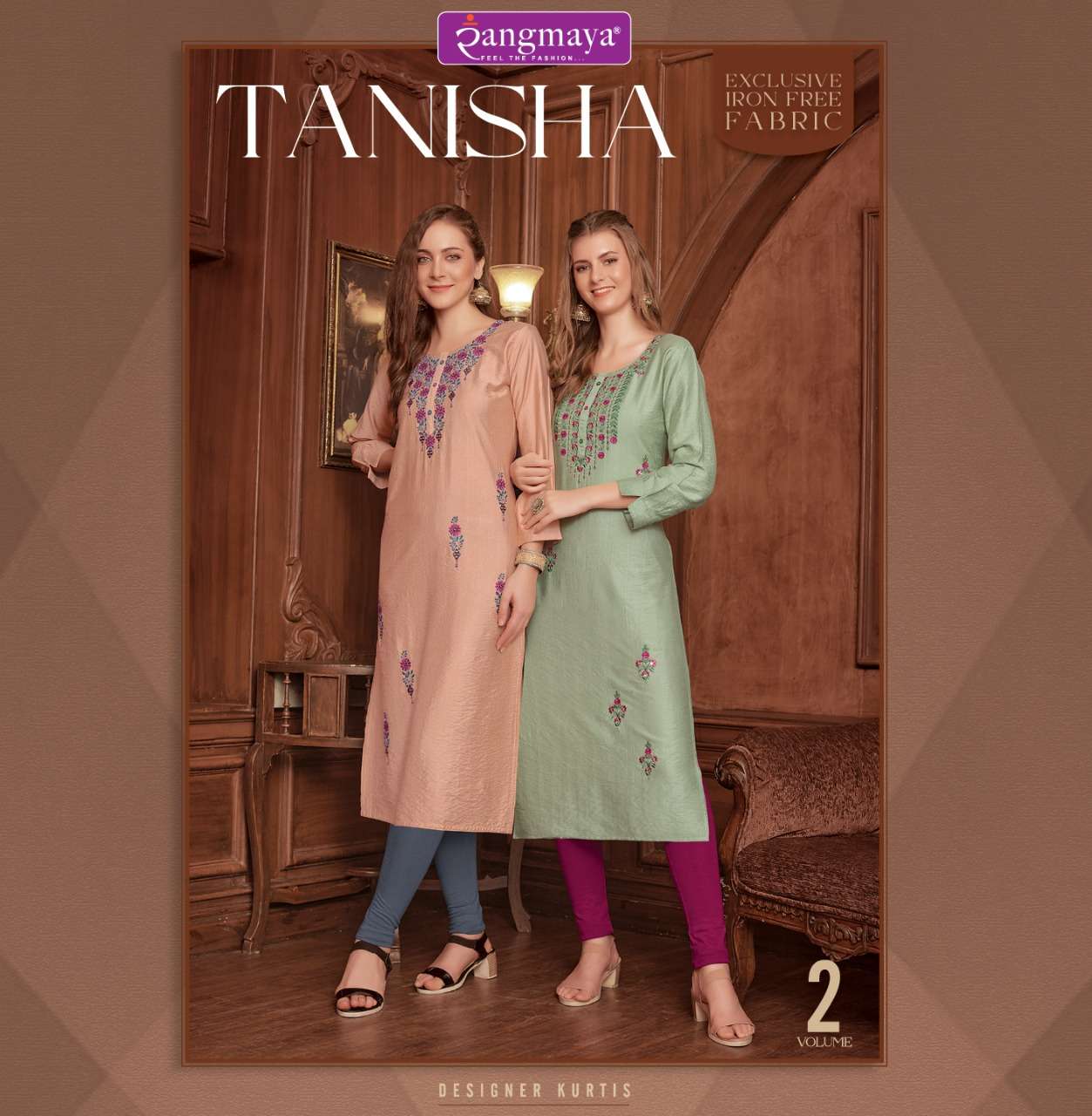 TANISHA VOL 2 BY RANGMAYA BRAND IMPORTED IRON FREE FABRIC WITH MULTI WORK STRAIGHT KURTI WHOLESALER ...