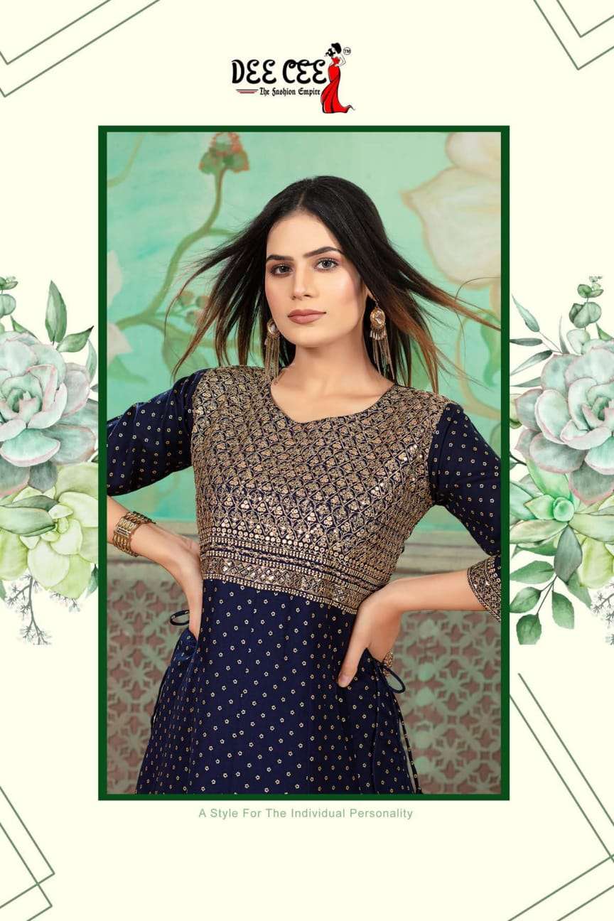 BELA BY DEECEE BRAND PRESENTS RAYON SCREEN PRINT WITH STICHING PETTRAN KASAB WORK ROUND KURTI - WHOL...