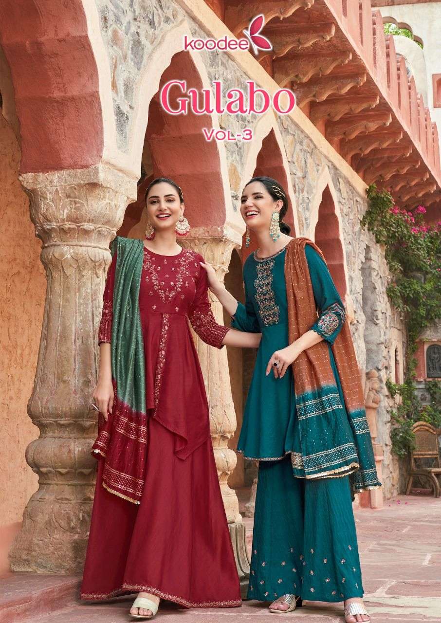 GULABO VOL 3 BY KOODEE BRAND PRESENTS CHINON SLUB  EMBROIDERY AND KHATLI WORK DESIGNER KURTI WITH CH...