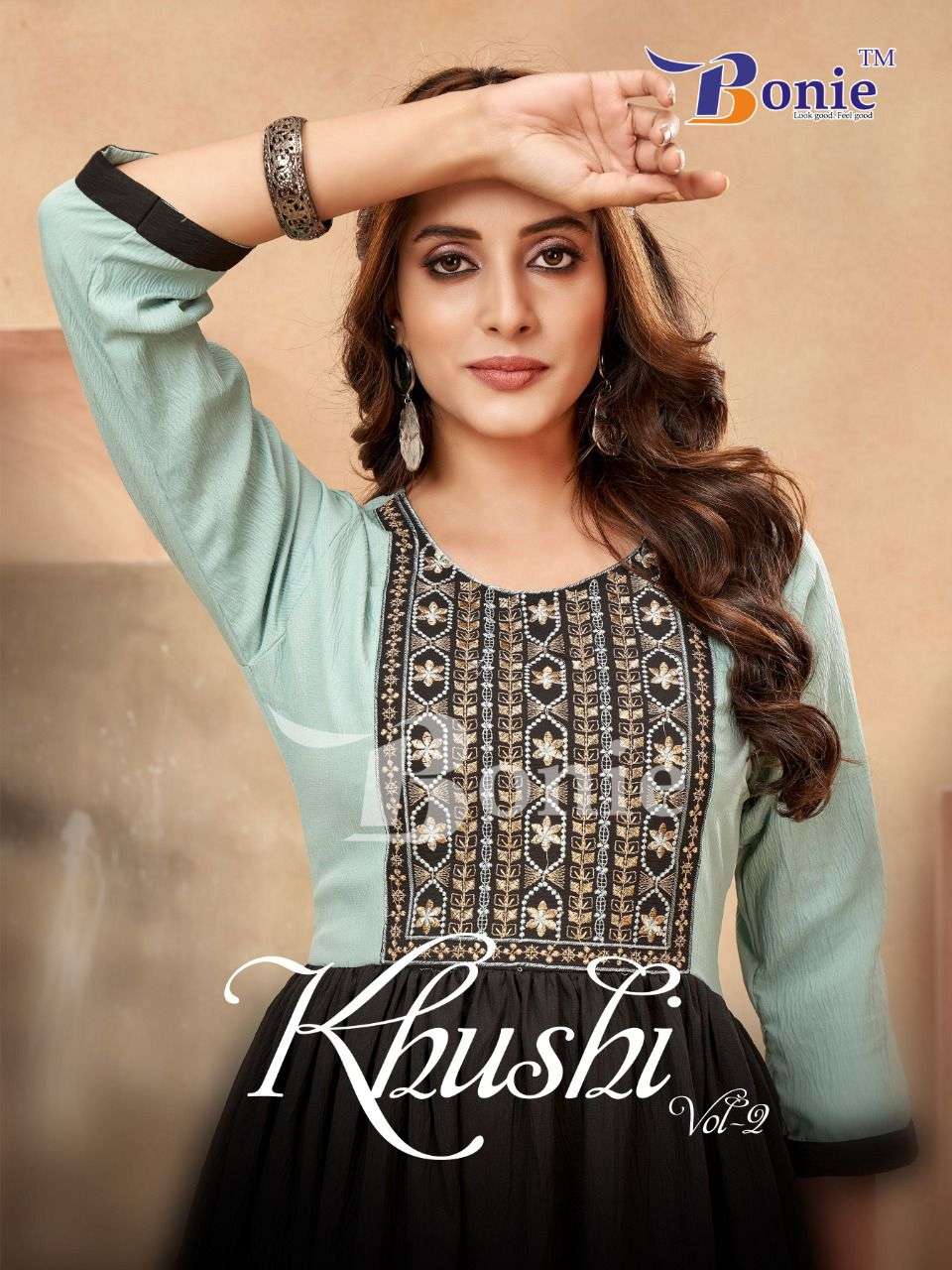 KHUSHI BY BONIE BRAND -  FANCY FABRIC FLAIR  SHORT KURTI WITH 3-4TH SLEEVES - WHOLESALER AND DEALER