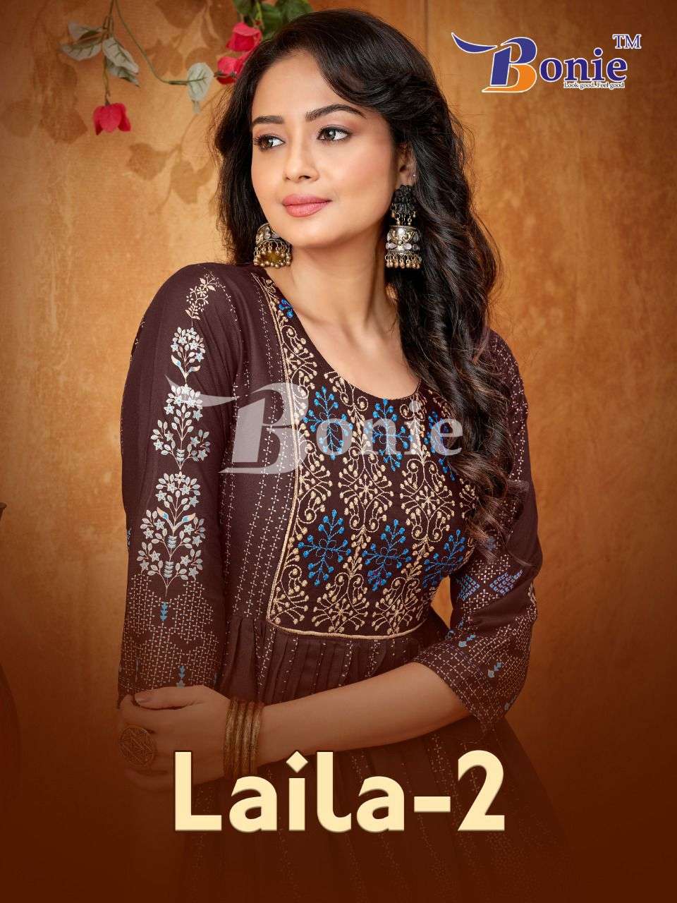 LAILA VOL 2 BY BONIE BRAND PRESENTS RAYON FOIL PRINTED LONG GOWN STYLE KURTI WITH EMBROIDERY WORK AN...