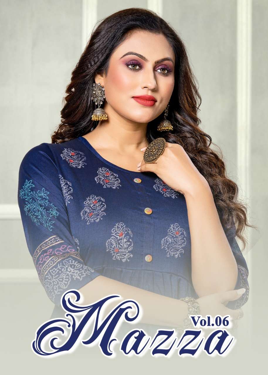 MAAZA VOL 6 BY MAYRA KURTIS PRESENTS REYON 2 TON FLAIR KURTI WITH HAND WORK AND BBLOCK WITH SCREEN S...