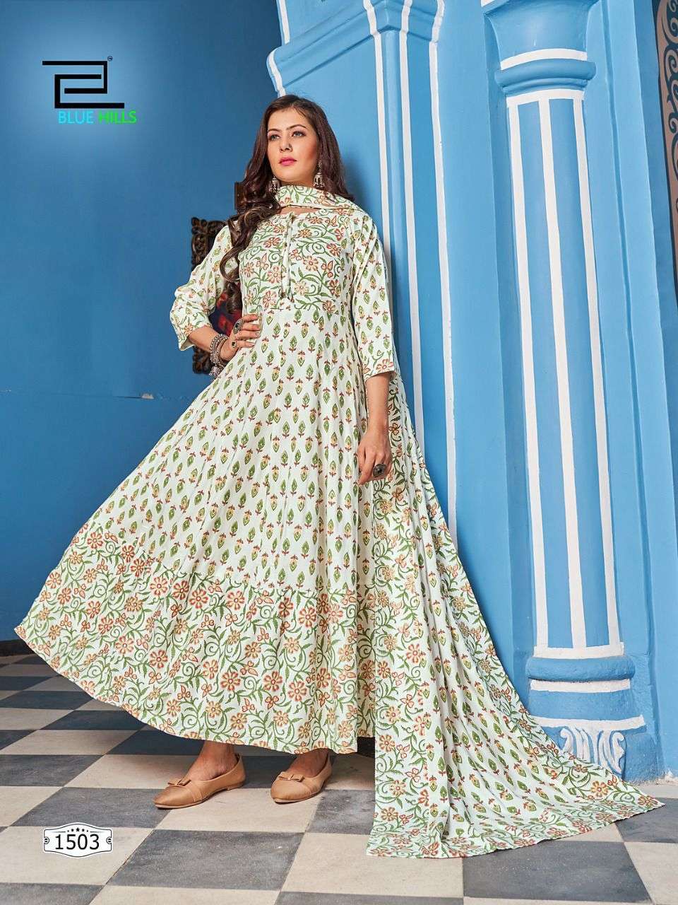 MANIKA MAGE HITHE VOL.15 BY BLUE HILLS BRAND - RAYON 14 KG FOIL PRINT GOWN PATTERN KURTI WITH RAYON ...