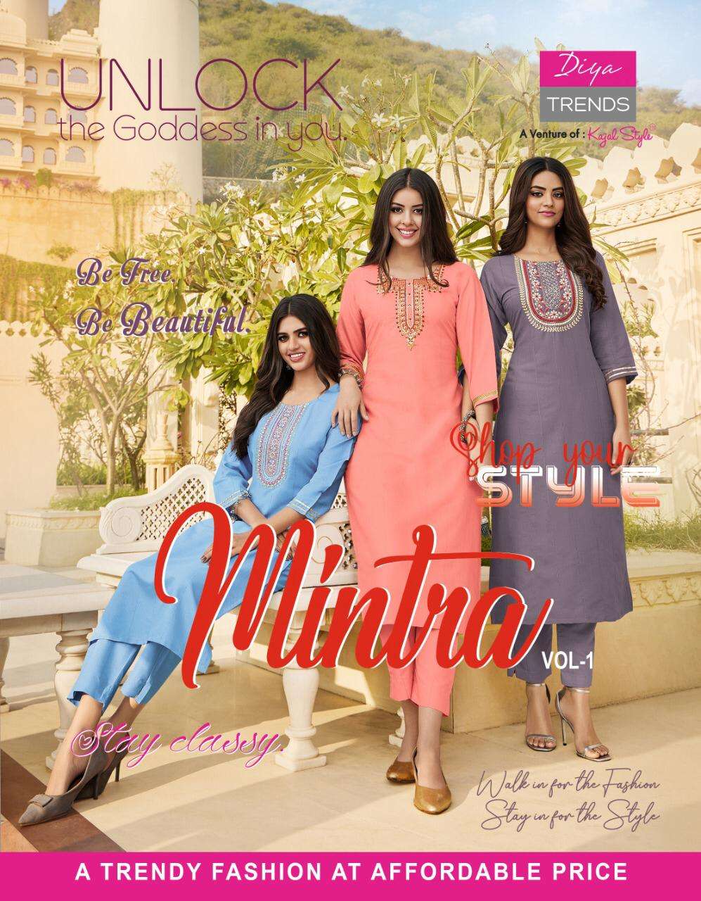 MINTRA VOL.1 BY DIYA TRENDS PRESENTS FANCY WEAVING REYON EMBOIDERY WORK STRAIGHT KURTI WITH PANT AND...