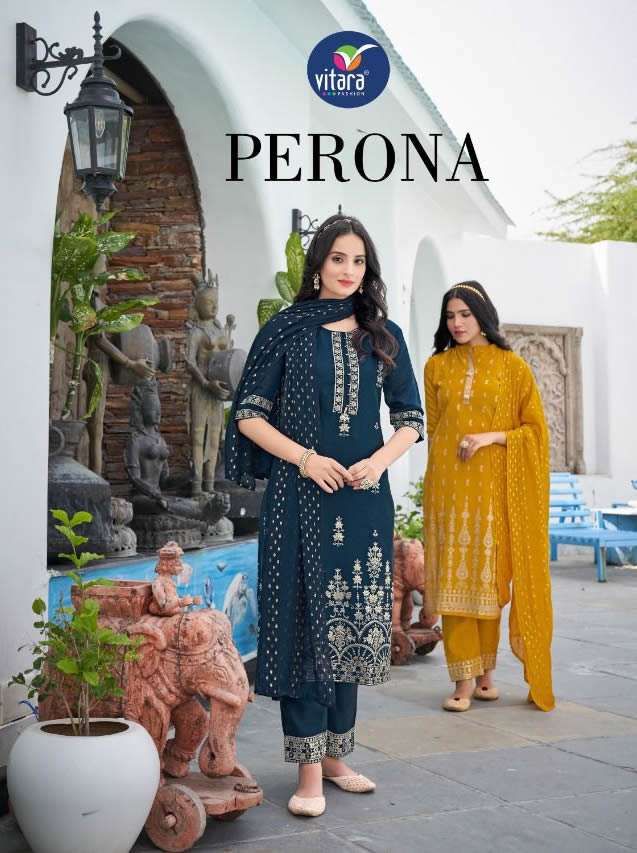 PERONA  BY VITARA BRAND - POLY VISCOS FABRIC WITH FOIL WORK KURTI WITH  POLY VISCOS FABRIC PANT AND ...