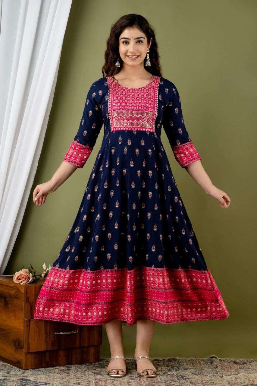 PICK AND CHOOSE BY S3FOREVER - RAYON FANCY ANARKALI KURTI WITH 3/4TH SLEEVE - WHOLESALER AND DEALER