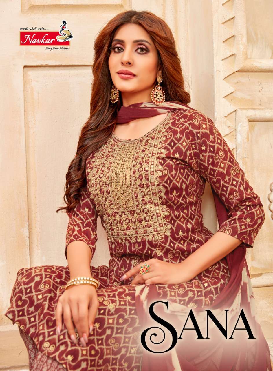 SANA BY NAVKAR BRAND - RAYON FOIL PRINTED EMBROIDERY WORK KURTI  WITH RAYON PRINT PANT AND CHIFFON D...