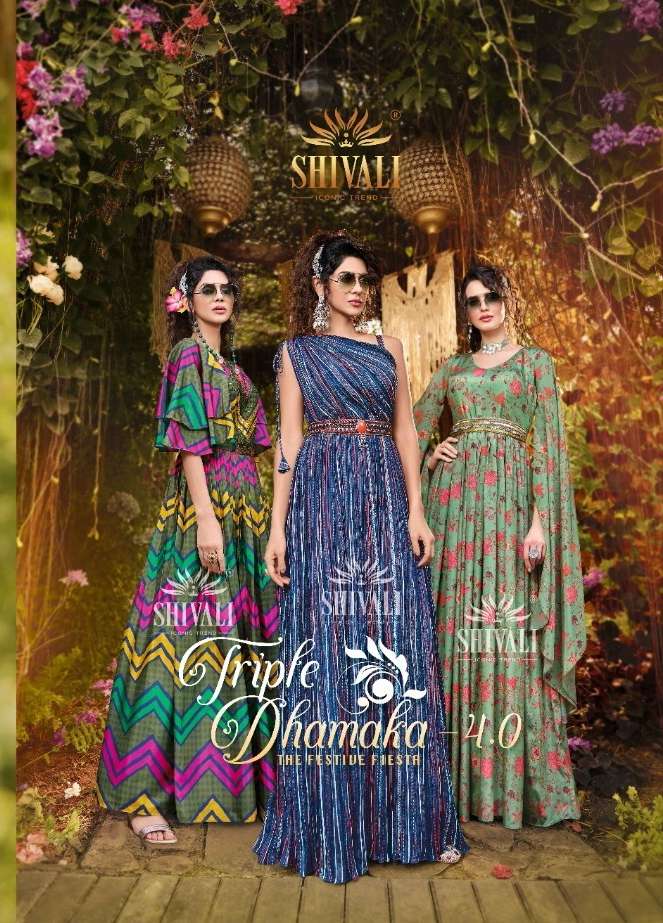 TRIPLE DHAMAKA BY SHIVALI BRAND -  FANCY SILK FABRIC BEAUTIFUL DESIGNER GOWN WITH HANDWORK BELT AND ...