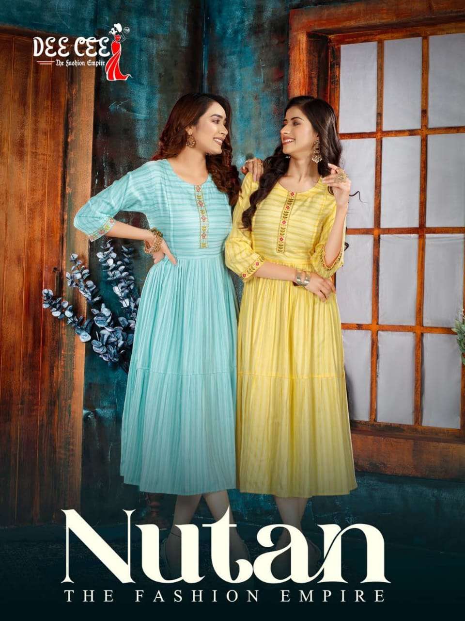 NUTAN BY DEE CEE BRAND PRESENTS HAEVY RAYON SELF DOBI FANCY EMBROIDERY WORK DOUBLE FLAIRED KURTI WIT...