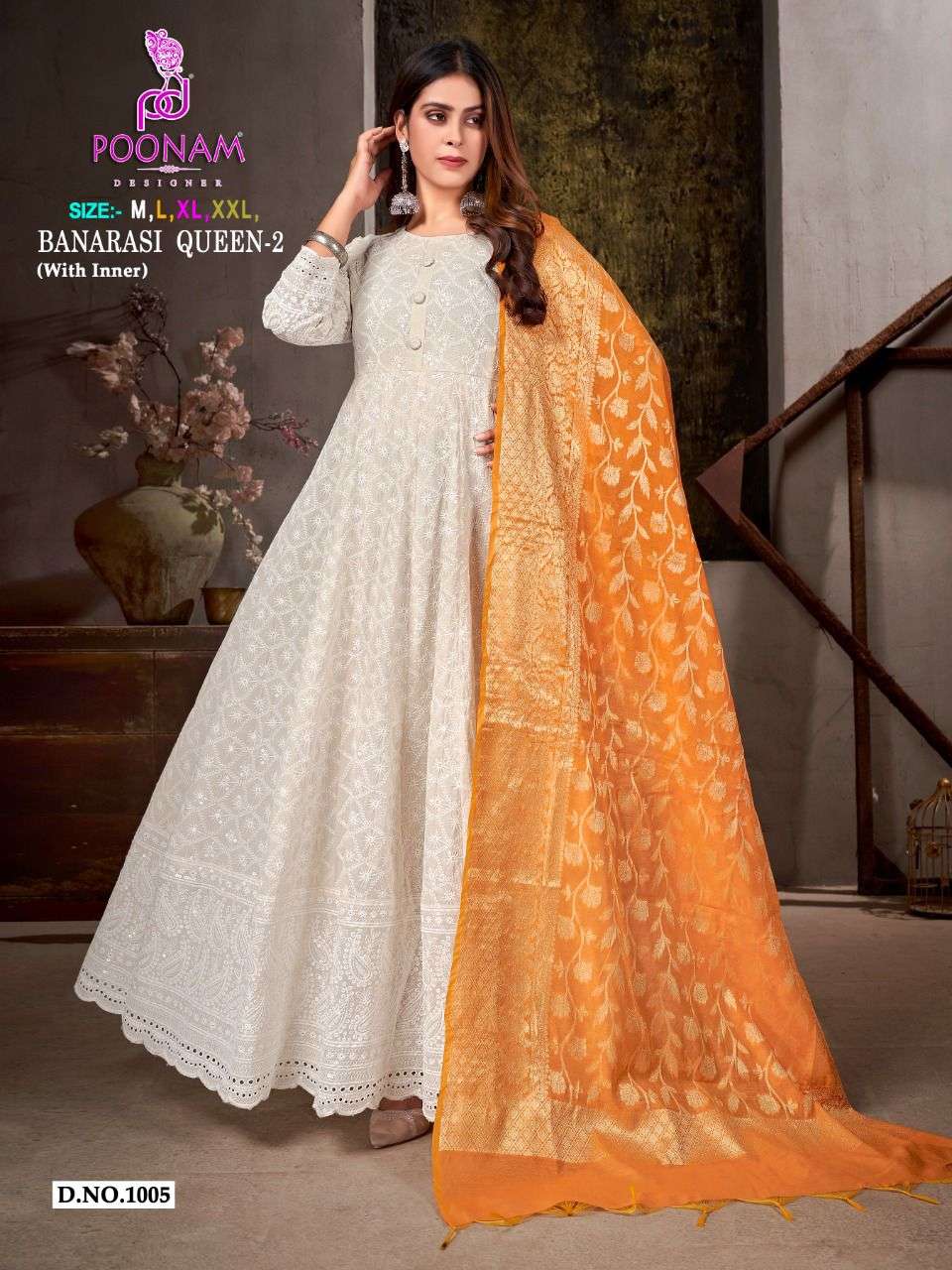 POONAM DESIGNER - BANARASI QUEEN VOL 2 - COTTON CHIKAN WORK WITH BORING WORK GOWN WHOLESALER AND DEA...