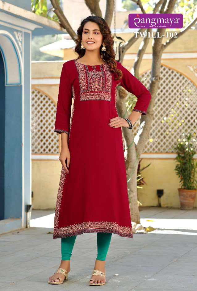  TWILLS VOL 2 BY RANGMAYA BRAND - RAYON FABRIC FANCY EMBROIDERY WORK KURTI – WHOLESALER AND DEALER