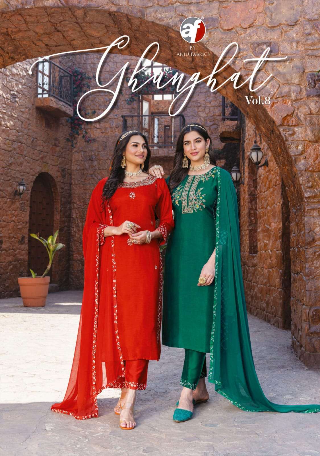 GHUNGHAT VOL 8 BY AF BRAND - PURE VISCOSE DOLA SILK HEAVY HAND WORK KURTI WITH JAAM SILK WITH BANDHA...