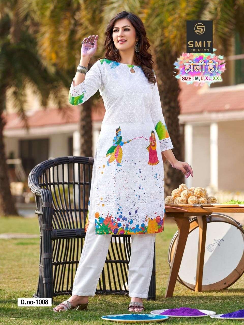 HOLI HAI BY POONAM DESIGNER BRAND -  COTTON FRANTBACK SLEEV FULL CHIKAN WORK WITH DIGITAL PRINTED HO...