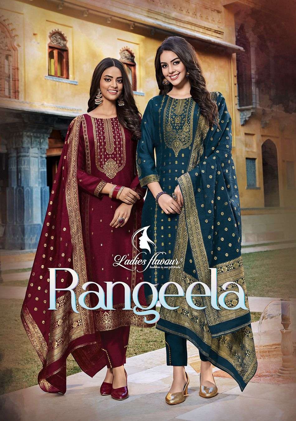 LADIES FALVOR -  RANGEELA - VISCOSE JAQUARD WITH PURE KHATLI WORK KURTI PANT AND DUPATTA