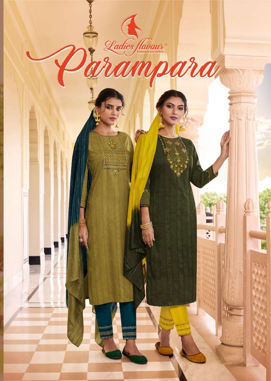  LADIES FIAVOUR- PARAMPARA- HEAVY CHINON WITH EMBROIDERY SEQUNCE FANCY KURTI AND PENT CHANDERI VISCO...