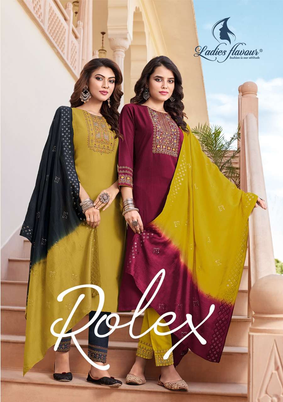 LADIES FLAVOUER -  ROLEX - HEAVY CHINON WEAVING WITH EMBROIDERY SEQUNCE WORK  KURTI AND PANT WITH CH...