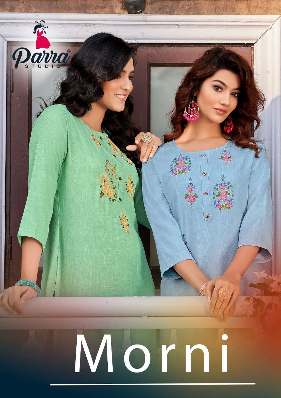  MORNI VOL 1 BY PARRA STUDIO BRAND - REYON SLUB EMBROIDERY WORK STRAIGHT KURTI  - WHOLESALER AND DEA...