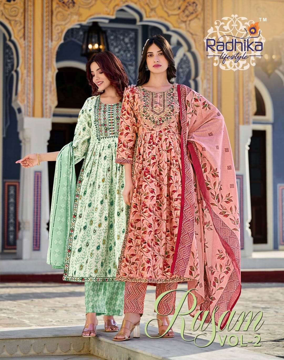 RASAM VOL 2 BY RADHIKA LIFE STYLE BRAND - PURE MODAL CHANDERI PRINTED NAYRA CUT  EMBROIDERY WORK WIT...