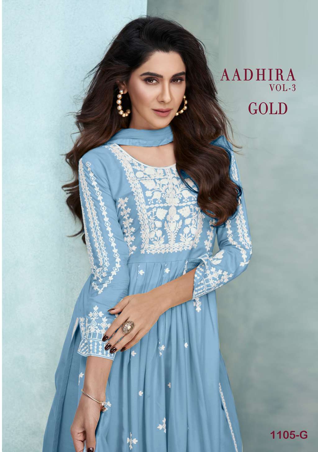 AADHIRA VOL 3 GOLD  PURE REYON VISCOS HEAVY LAKHNAWI EMBROIDERY FRONT AND BACK WORK NAYRA CUT KURTI ...