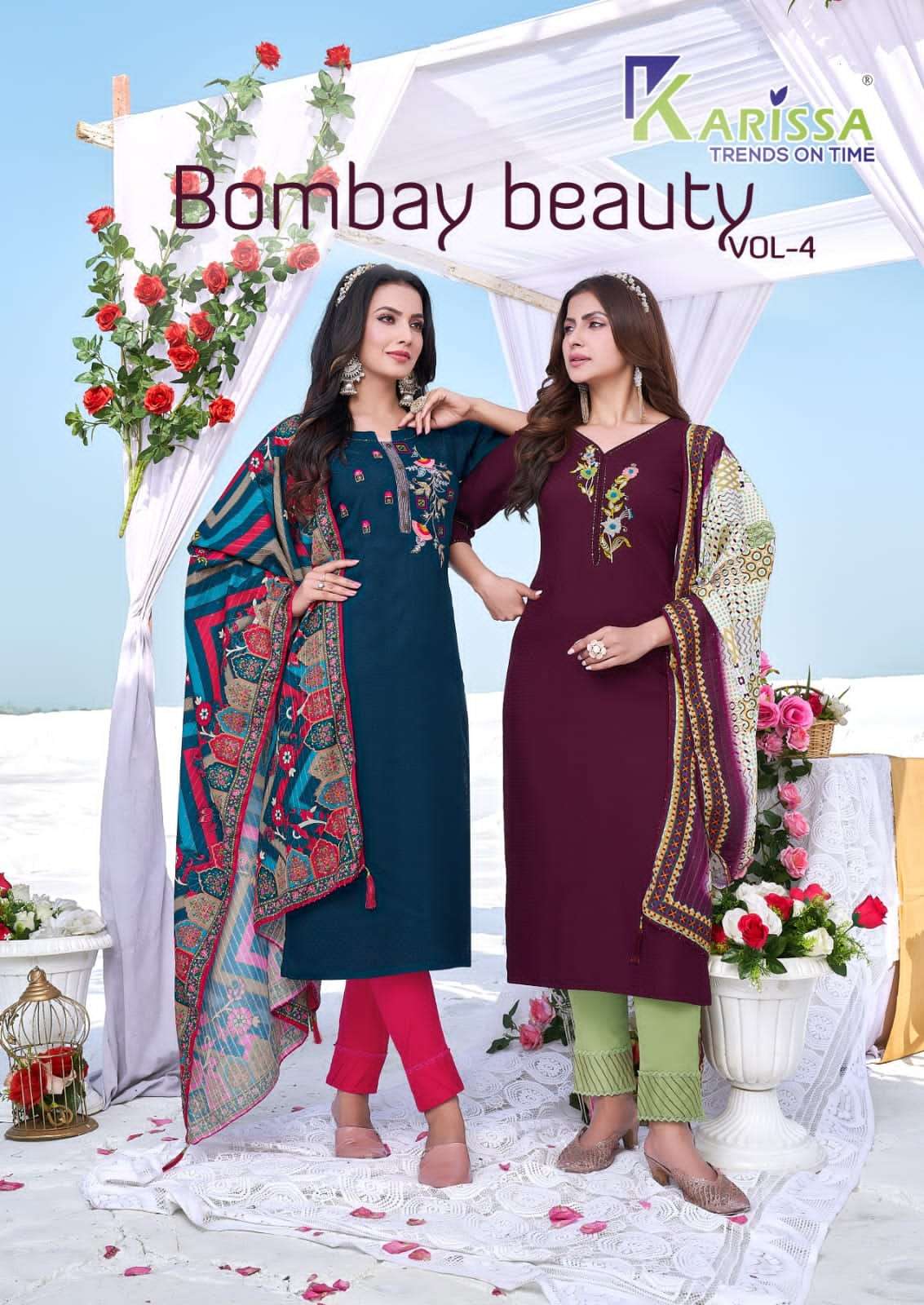 BOMBAY BEAUTY VOL 4 KURTI WITH DUPATTA AND PANTS FABRIC RAYON BY KARISSA WHOLSALER AND DEALER