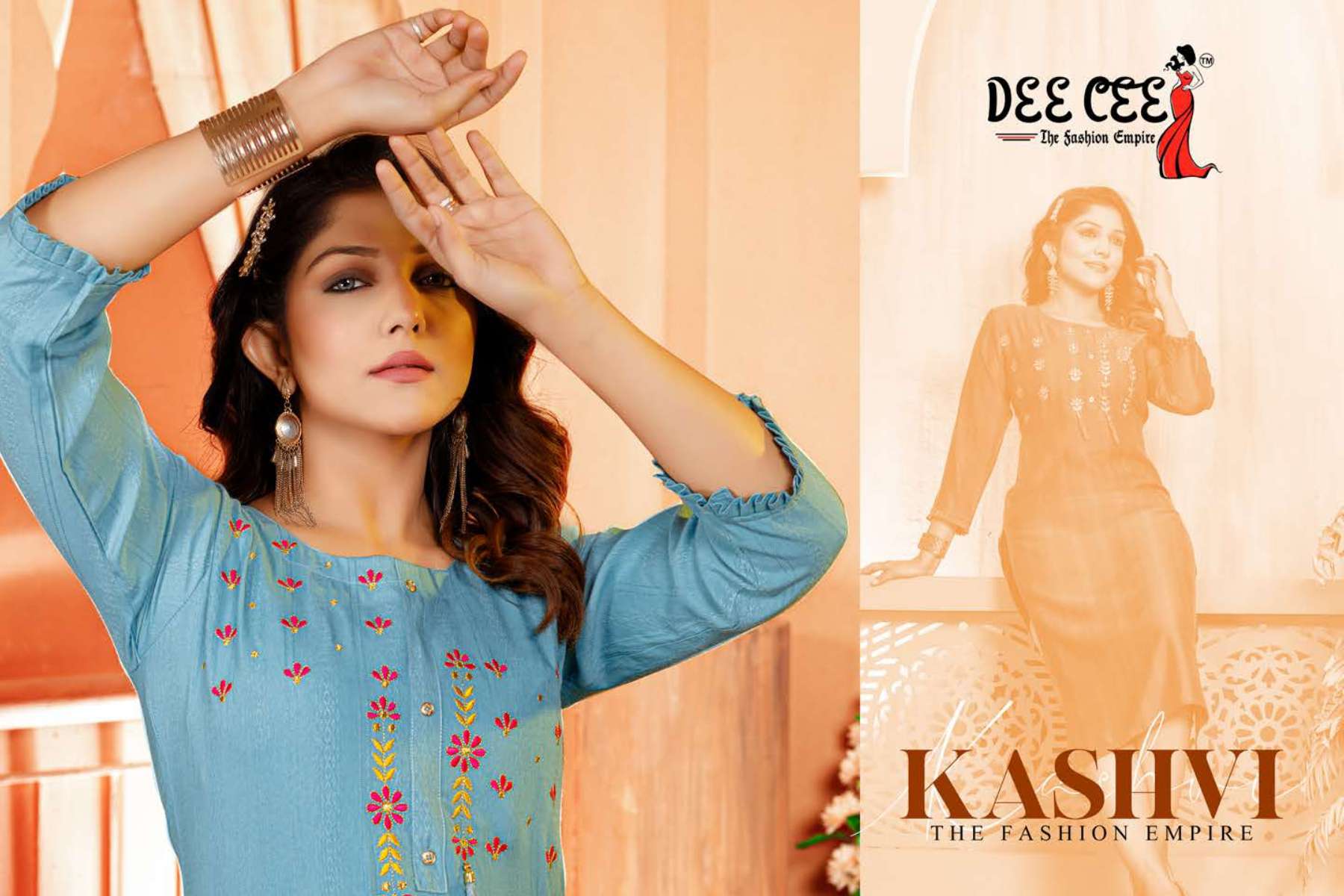 KASHVI ZARI DOBBY A-LINE LONG KURTI WITH BUTTON AND TUSSEL DETAILING BY DEE CEE BRAND WHOLESALER A...