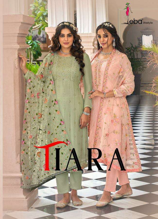 TIARA GEORGETTE KURTI WITH PANT AND DULL SANTOON DUPATTA BY EBA LIFESTYLE BRAND WHOLESALER AND DEALE...