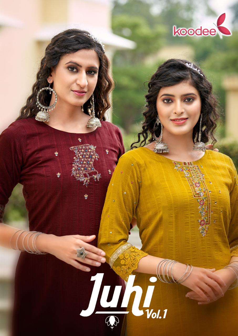 JUHI VOL 1 CHINON DOBBY HANDWORK, EMBROIDERY AND KHATLIWORK KURTI WITH FULL INNER BY KOODEE WHOLESAL...