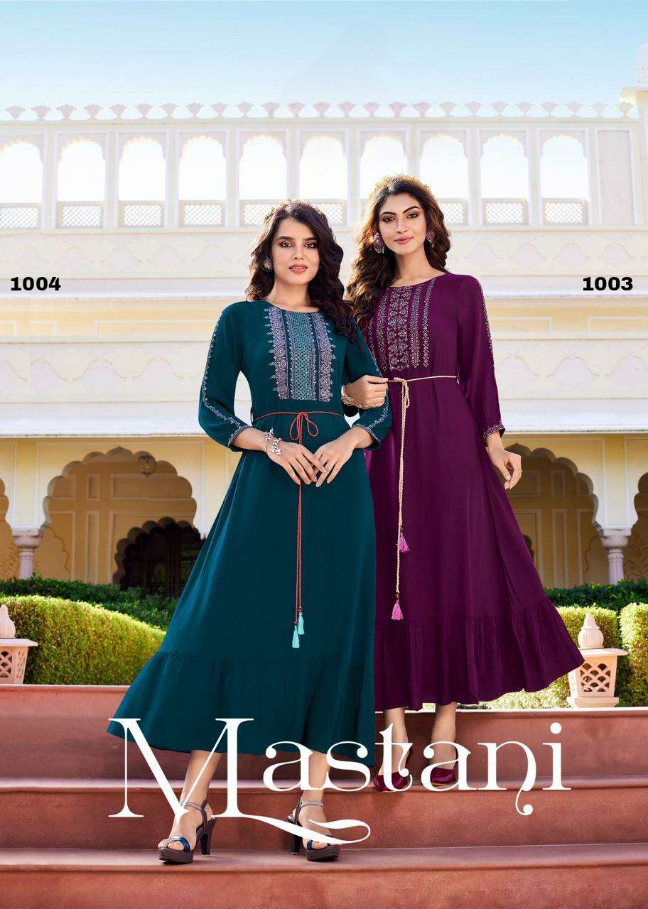 MASTANI RAYON EMBROIDERY WORK FROCK STYLE KURTI BY LADIES FLAVOUR WHOLESALER AND DEALER 