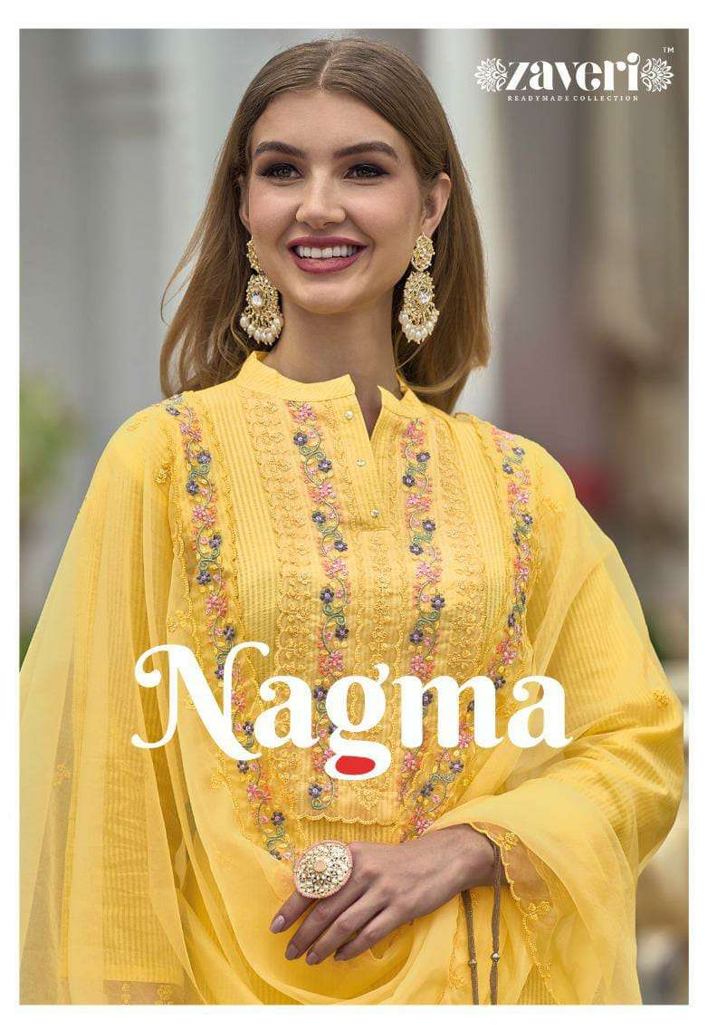 NAGMA HEAVY PURE COTTON WITH FANCY EMBROIDERY WORK KURTI WITH PANT AND ORGANZA DUPATTA BY ZAVERI WHO...