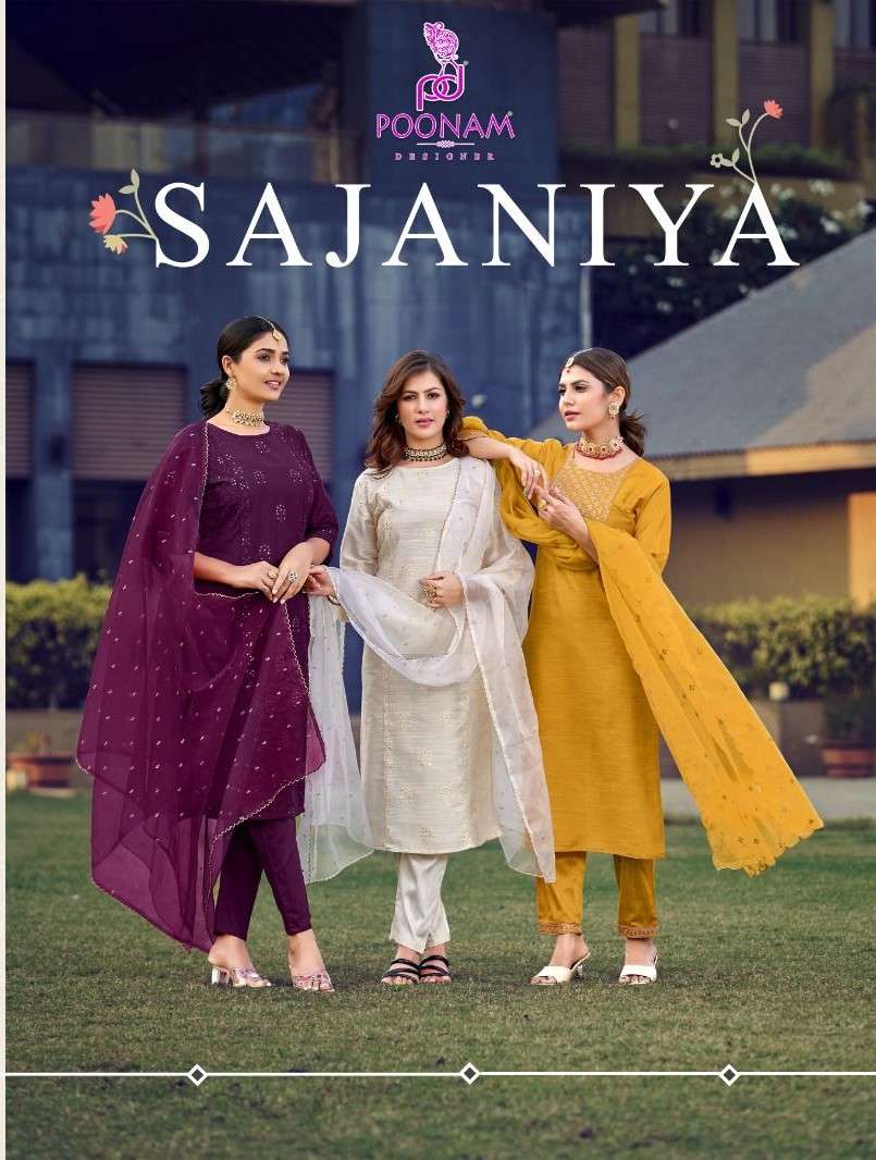 SAJANIYA TOP WITH BUPATTA AND BOTTOM SILK BY POONAM DESIGNER WHOLESALER AND DEALER