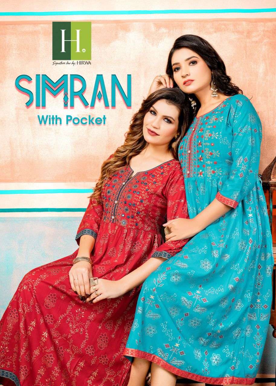 SIMRAN HEAVY RAYON FOIL PRINT EMBROIDERY WORK GHERA KURTI BY HIRWA WHOLESALER AND DEALER