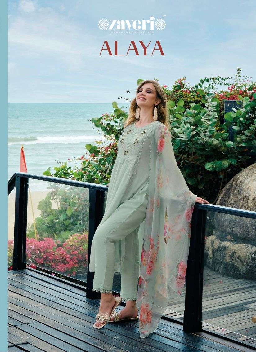 ALAYA HEAVY ORGANZA KHATALI HANDWORK KURTI WITH MAHESHWARI SILK PANT AND DIGITAL PRINT DUPATTA BY ZA...