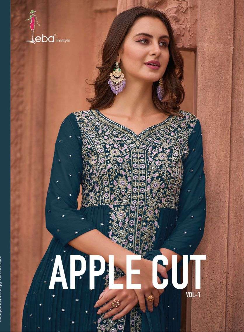 APPLE CUT VOL 1 BLOOMING GEORGETTE EMBROIDERY WORK KURTI WITH PLAZZO AND NAZMIN DUPATTA BY EBA LIFES...