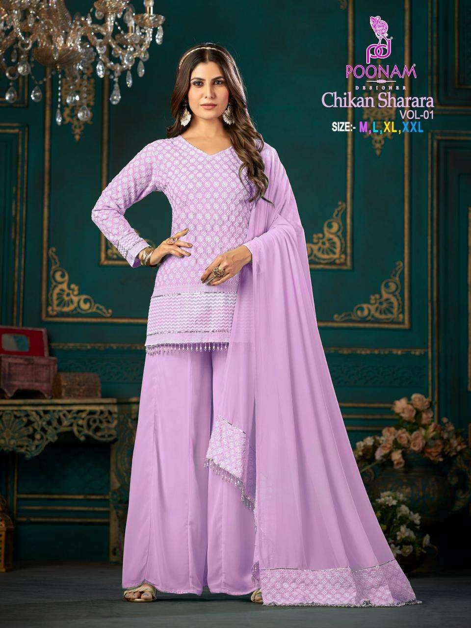 CHIKAN SHARARA VOL 1 RAYON CHIKAN AND HANDWOK KURTI WITH GEORGETTE KALI STYLE PLAZZO AND DUPATTA POO...