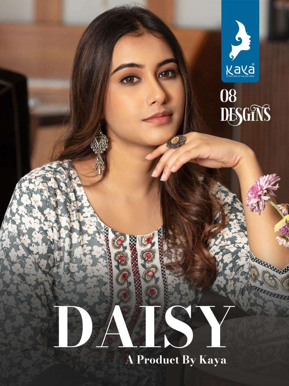 DAISY RAYON PRINT NYRA CUT KURTI WITH PANT AND NAZMEEN DUPATTA BY KAYA KURTI WHOLESALER AND DEALER