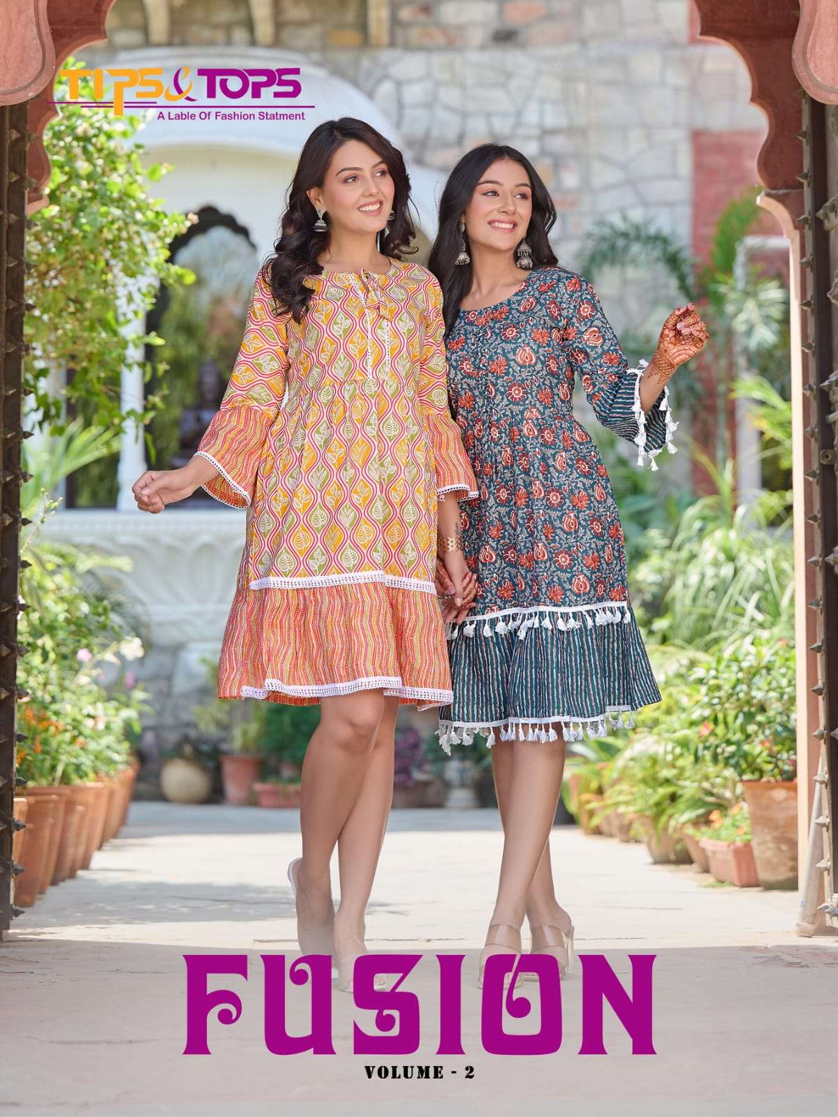FUSION VOL 2 PURE COTTON STITCHIG PATTERN WITH LACE WORK FANCY TUNICS BY TIPS AND TOPS BRAND WHOLESA...