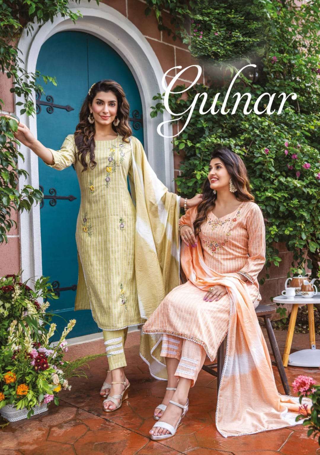 GULNAR  BOMBAY LUREX EMBROIDERY AND HAND WORK KURTI WITH PANT AND TIE DIE CHANDERI DUPATTA WITH FOUR...