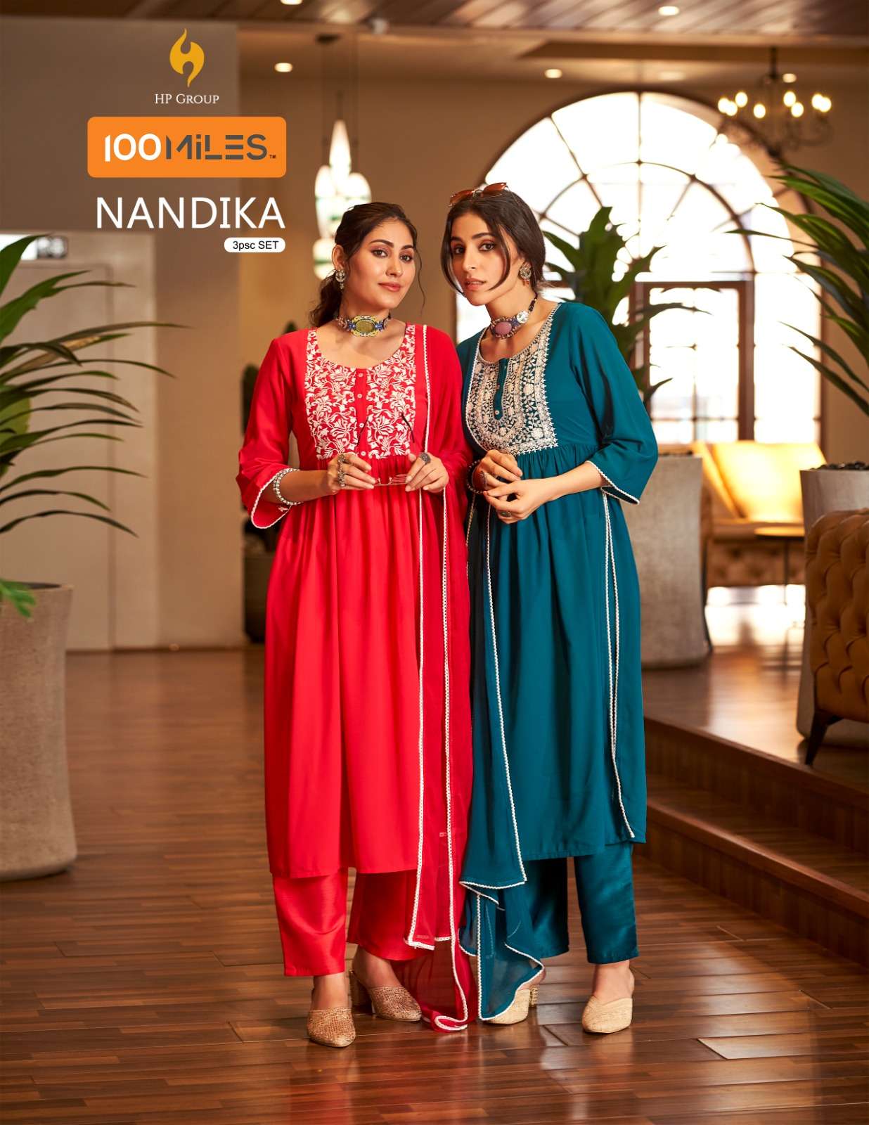 NANDIKA PREMIUM GEORGETTE EMBROIDERED NYRA CUT KURTI WITH PANT AND CHIFFON DUPATTA BY 100MILES WHOLE...