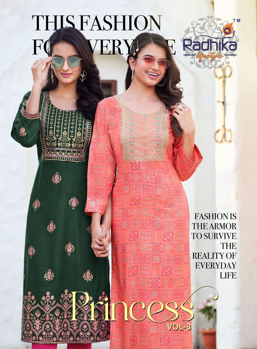 PRINCESS VOL 3 RAYON LIVA APPROVED EMBROIDERY WORK STRAIGHT KURTI BY RADHIKA LIFESTYLE WHOLESALER AN...