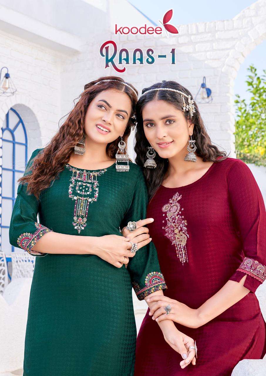 RAAS VOL 1 HEAVY REYON DOBBY  KHATLI WITH EMBROIDERY WORK KURTI BY KOODEE BRAND WHOLESALER AND DEALE...