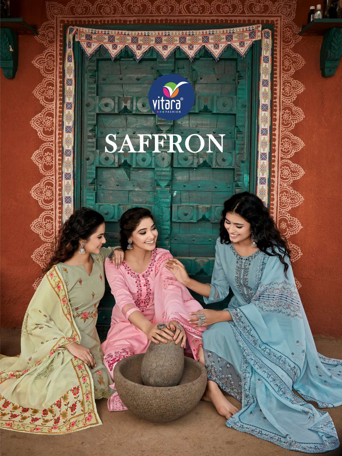 SAFFRON TESLA FABRIC EMBROIDERY WORK KURTI WITH PANT AND SOFT ORGANZA DIGITAL PRINT DUPATTA BY VITAR...