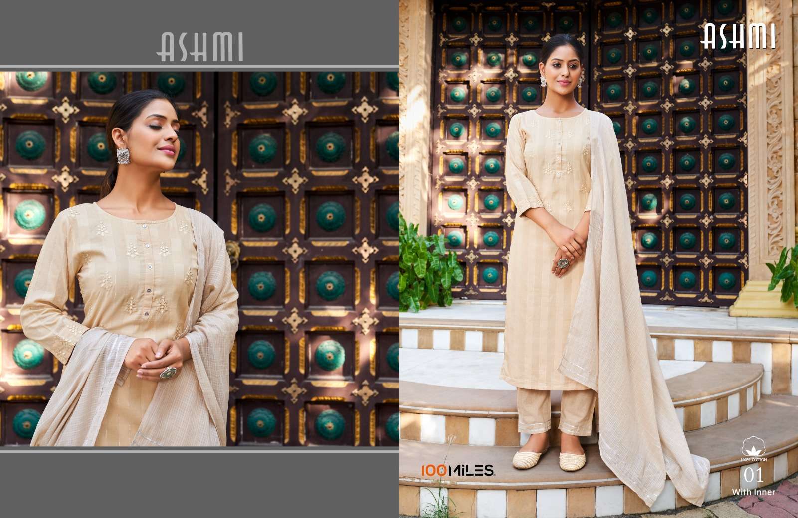 ASHMI PURE SATIN COTTON JARI EMBROIDERED KURTI WITH PANTS AND FANCY DUPATTA BY 100MILES BRAND WHOLES...