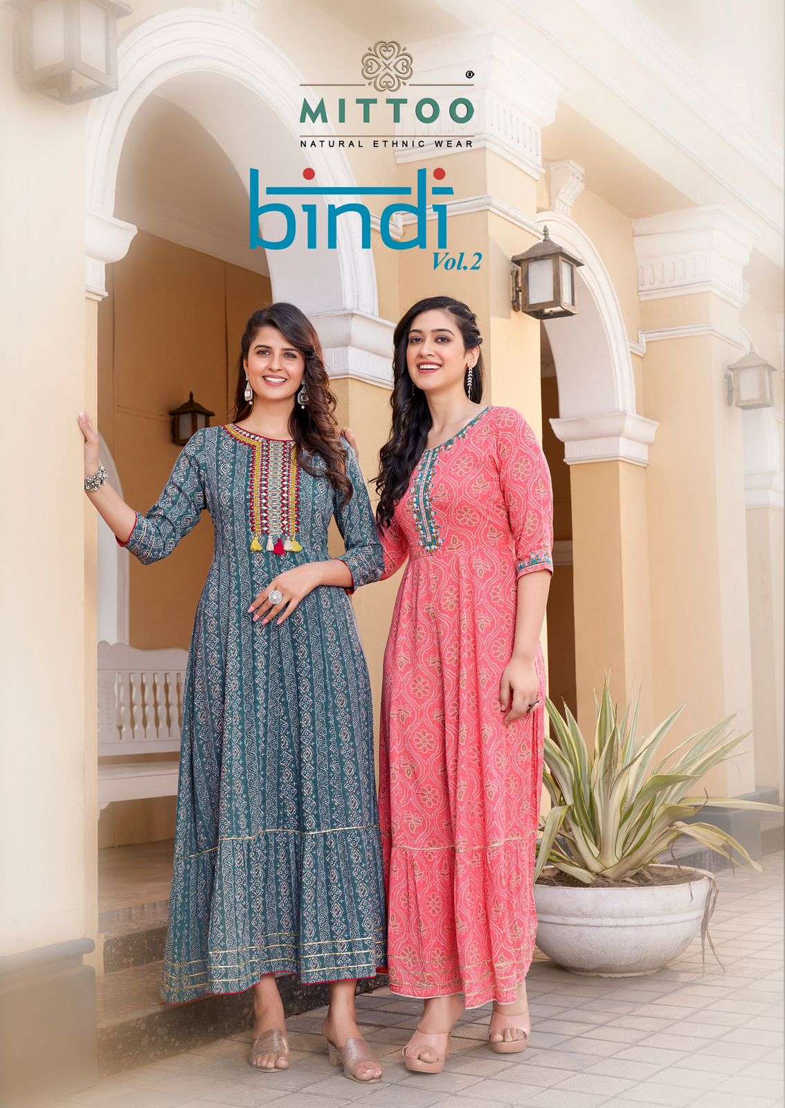 BINDI VOL 2 RAYON WRINKLE PRINT FANCY WORK LONG GOWN KURTI BY MITTOO BRAND WHOLESALER AND DEALER