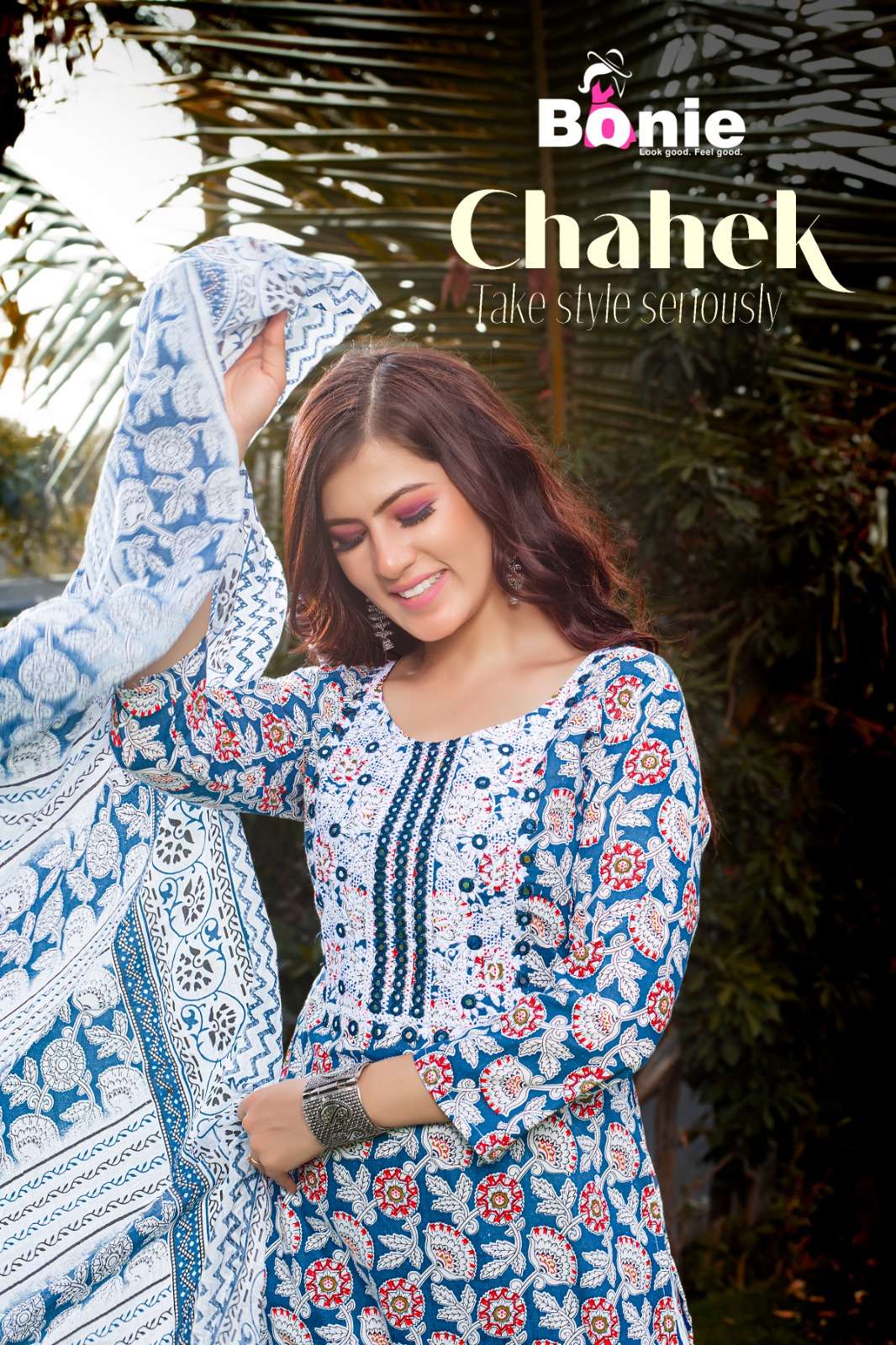 CHAHEK COTTON EMBROIDERY WORK KURTI WITH PANT AND DUPATTA BY BONIE BRAND WHOLESALER AND DEALER